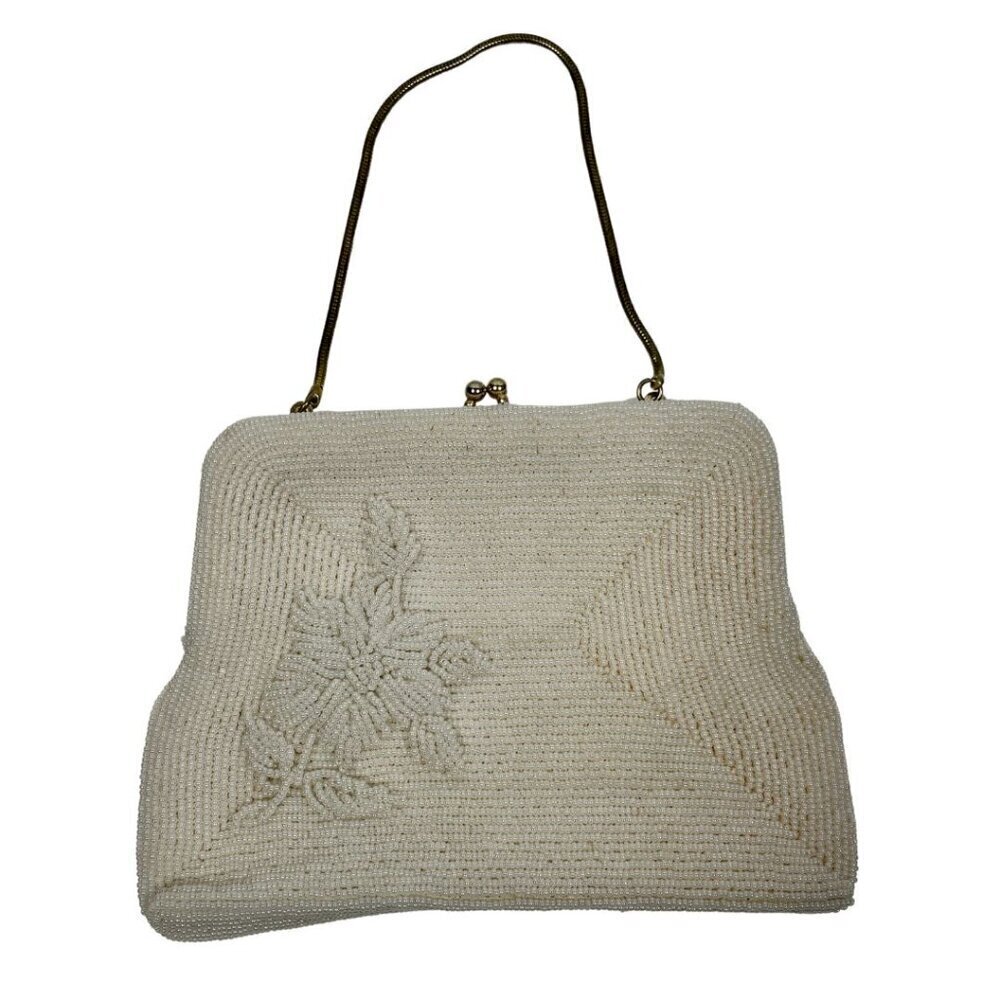 Vintage Mister Ernest Ivory and Brass Handmand Hand Beaded Pearl Mini Purse